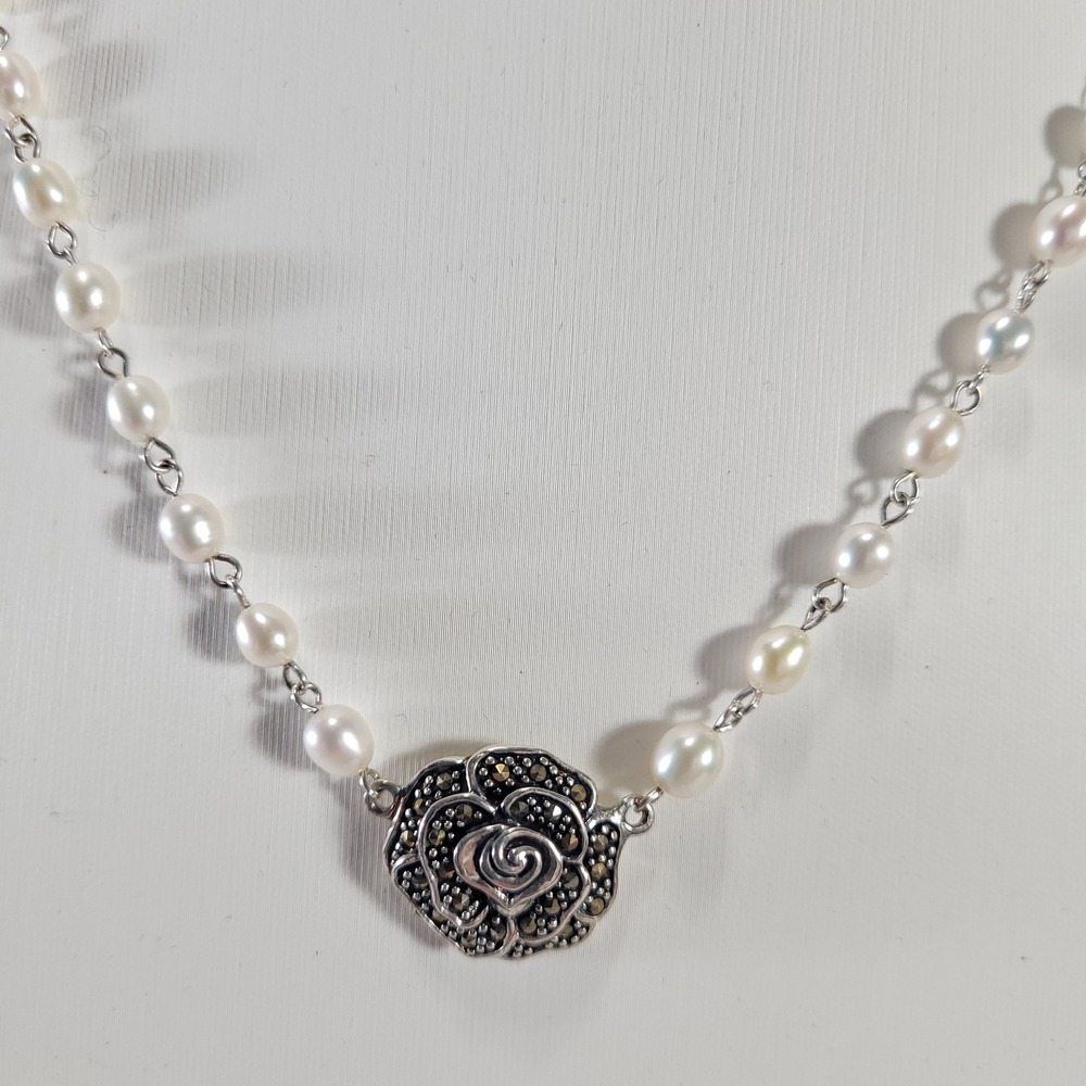 Sterling Silver Pearl Marcasite Rose Necklace White Floral Signed 925 A India